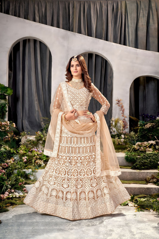 Vibrant Beige Heavy Embroidered Lehenga Choli Designer Net Dupatta For Wedding