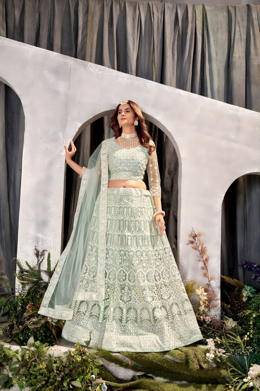 Beautiful Mint Green Heavy Embroidered Lehenga Choli Designer Net Dupatta
