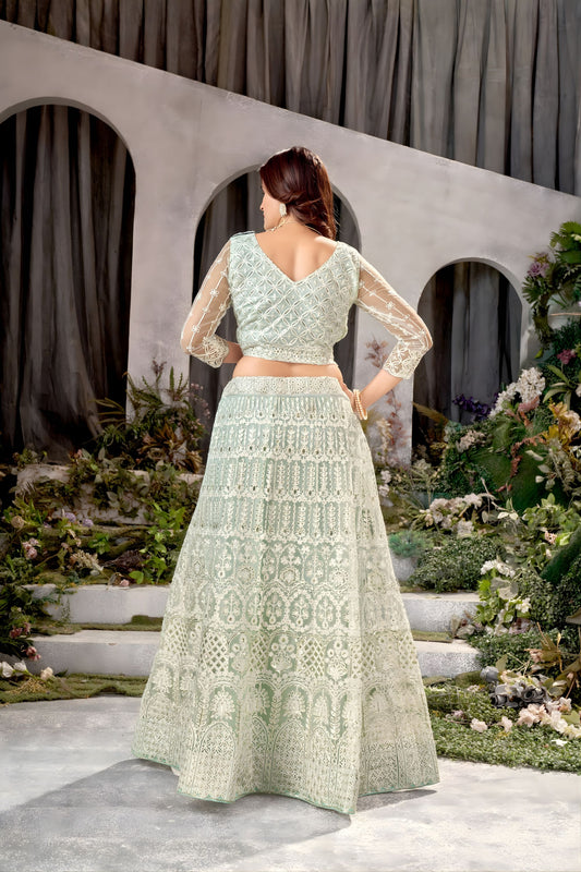 Beautiful Mint Green Heavy Embroidered Lehenga Choli Designer Net Dupatta