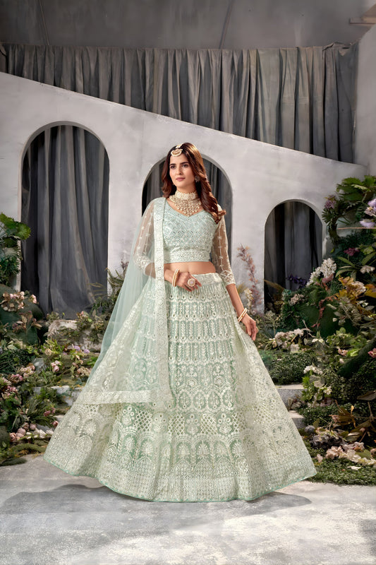 Beautiful Mint Green Heavy Embroidered Lehenga Choli Designer Net Dupatta