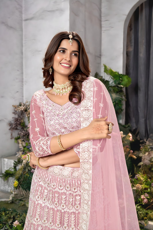 Beautiful Baby Pink Heavy Embroidered Lehenga Choli with Designer Net Dupatta