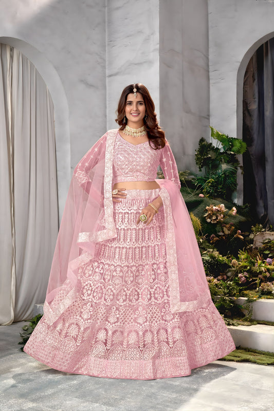 Beautiful Baby Pink Heavy Embroidered Lehenga Choli Designer Net Dupatta