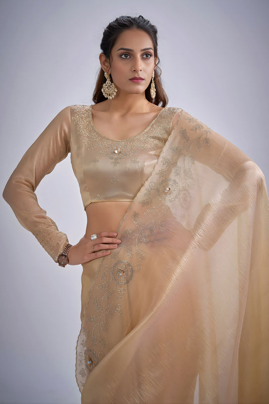 Elegant Beige Kanjivaram Pure Silk Saree Heavy Embroidered Border Blouse Piece