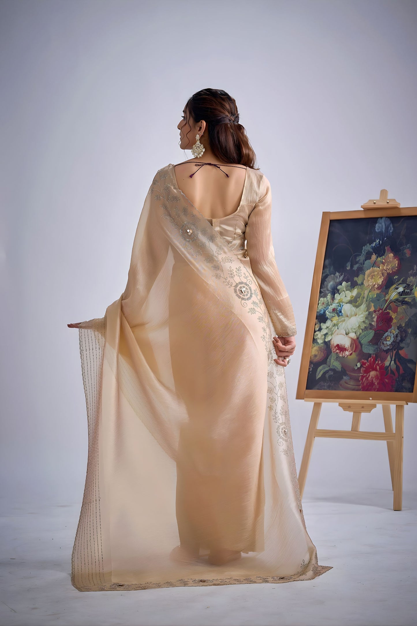 Elegant Beige Kanjivaram Pure Silk Saree Heavy Embroidered Border Blouse Piece