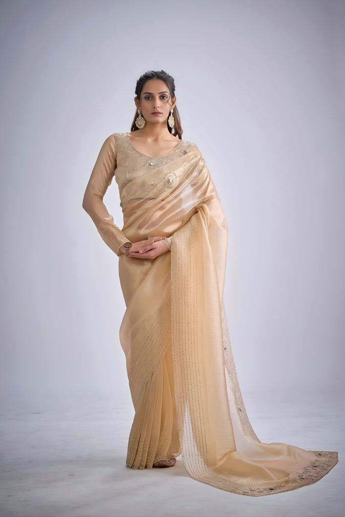 Elegant Beige Kanjivaram Pure Silk Saree Heavy Embroidered Border Blouse Piece
