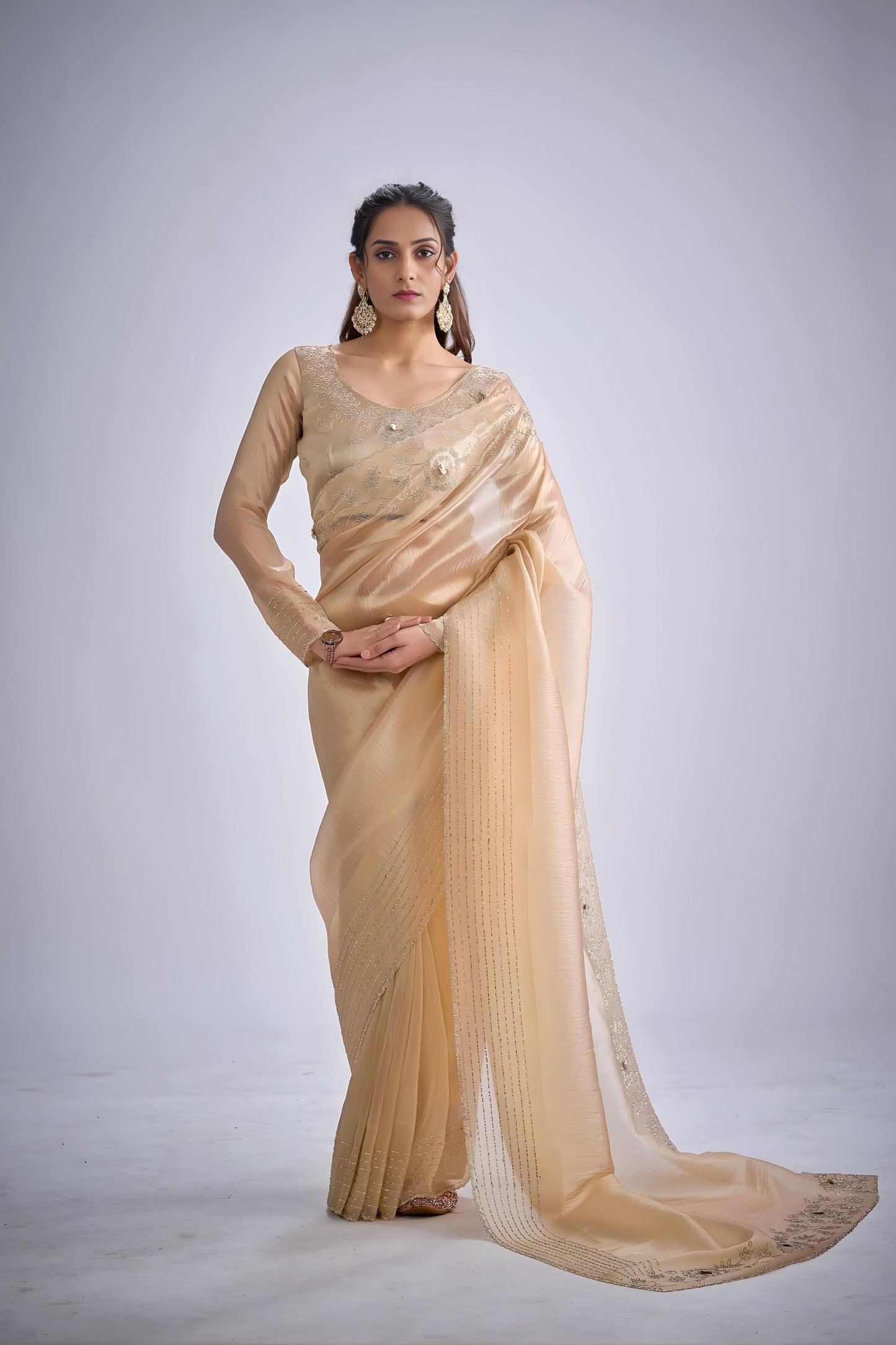 Elegant Beige Kanjivaram Pure Silk Saree Heavy Embroidered Border Blouse Piece