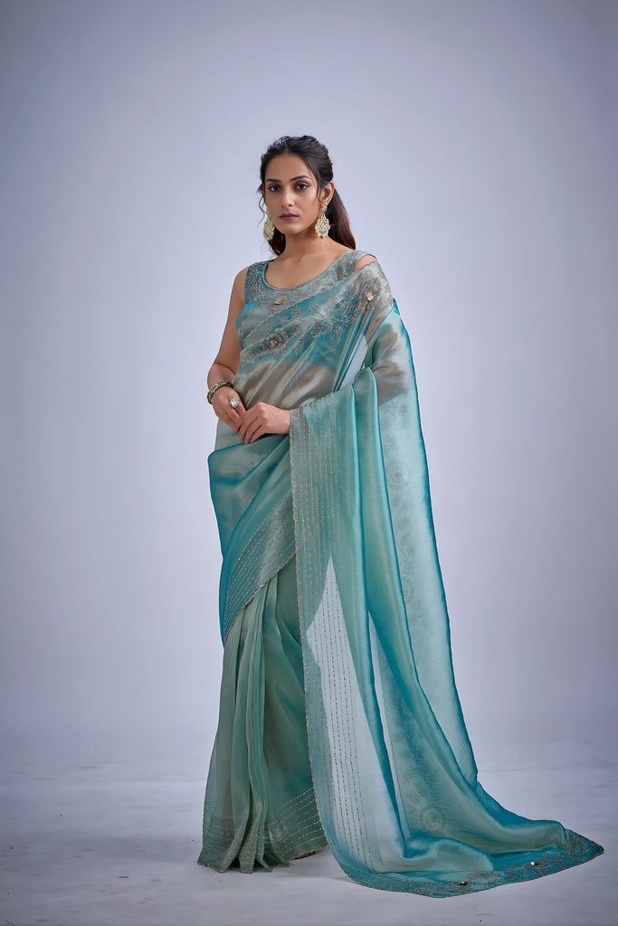 Royal Sea Green Kanjivaram Pure Silk Saree  Embroidered Border Blouse Piece