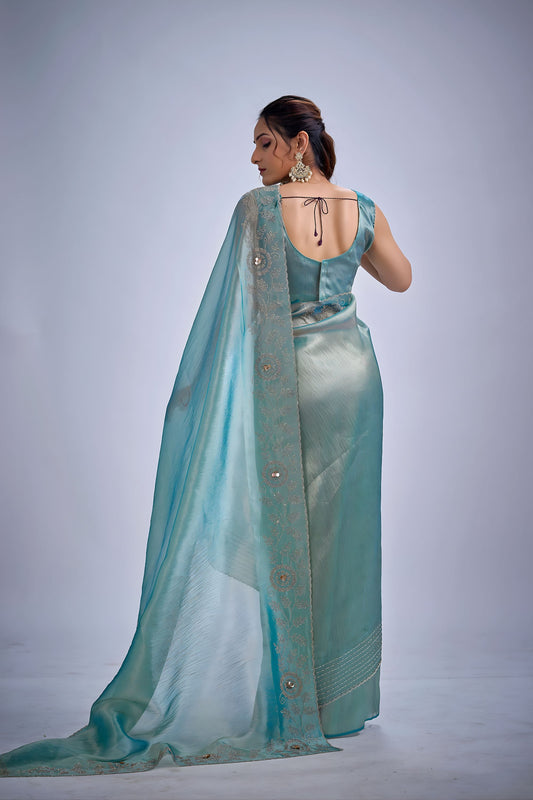 Royal Sea Green Kanjivaram Pure Silk Saree  Embroidered Border Blouse Piece