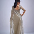 Vibrant Gray Kanjivaram Pure Silk Saree Heavy Embroidered Border Blouse Piece