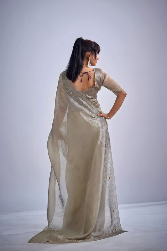Vibrant Gray Kanjivaram Pure Silk Saree Heavy Embroidered Border Blouse Piece