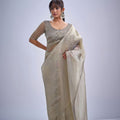 Vibrant Gray Kanjivaram Pure Silk Saree Heavy Embroidered Border Blouse Piece