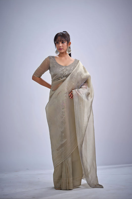 Vibrant Gray Kanjivaram Pure Silk Saree Heavy Embroidered Border Blouse Piece