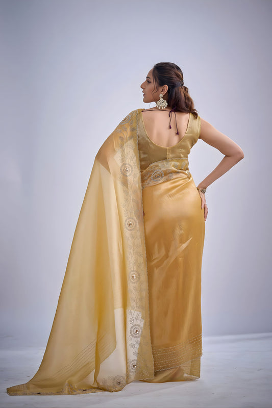 Stylish Mustard Yellow Kanjivaram Pure Silk Saree Embroidered Border Blouse Piece