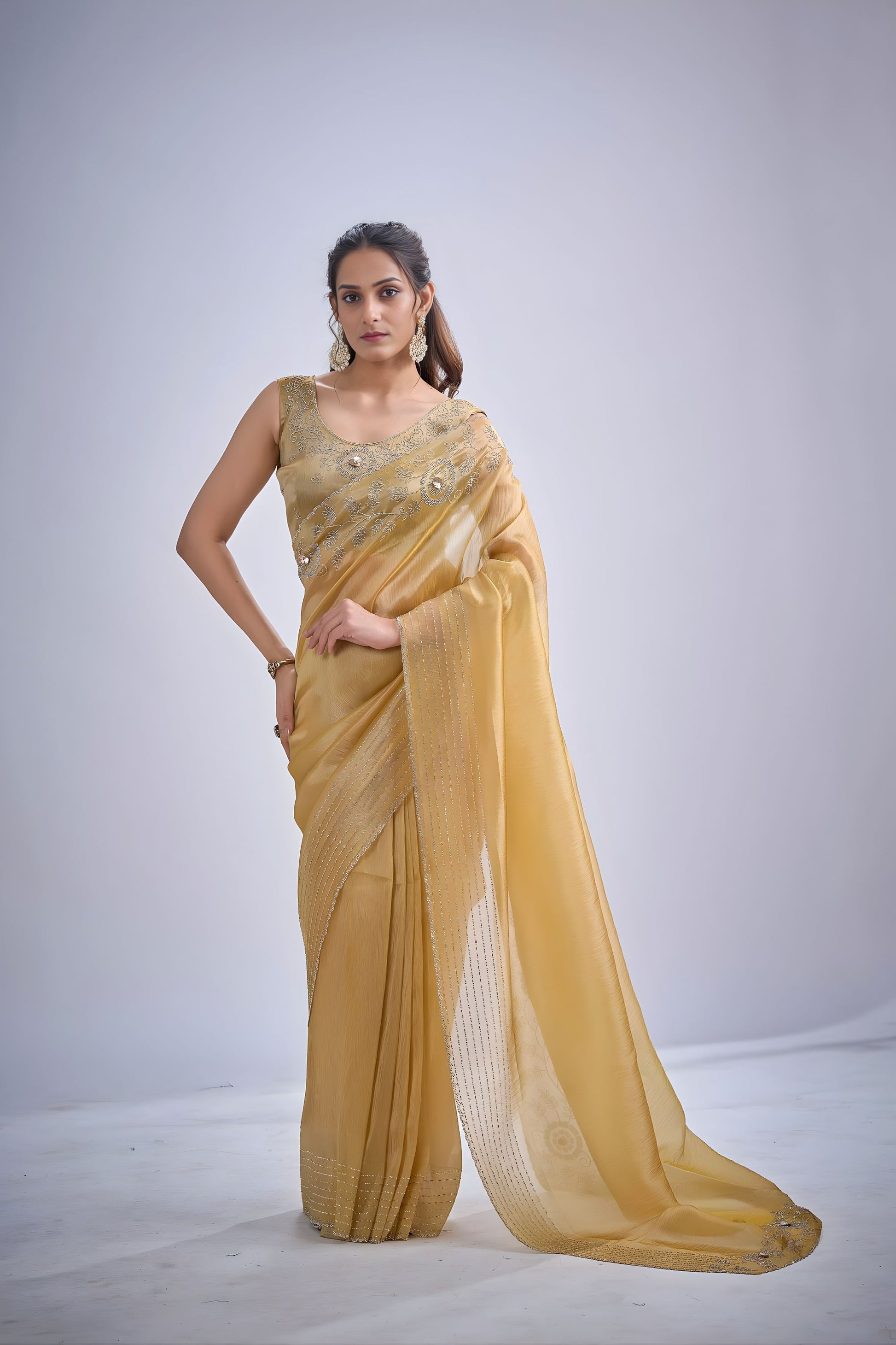 Stylish Mustard Yellow Kanjivaram Pure Silk Saree Embroidered Border Blouse Piece