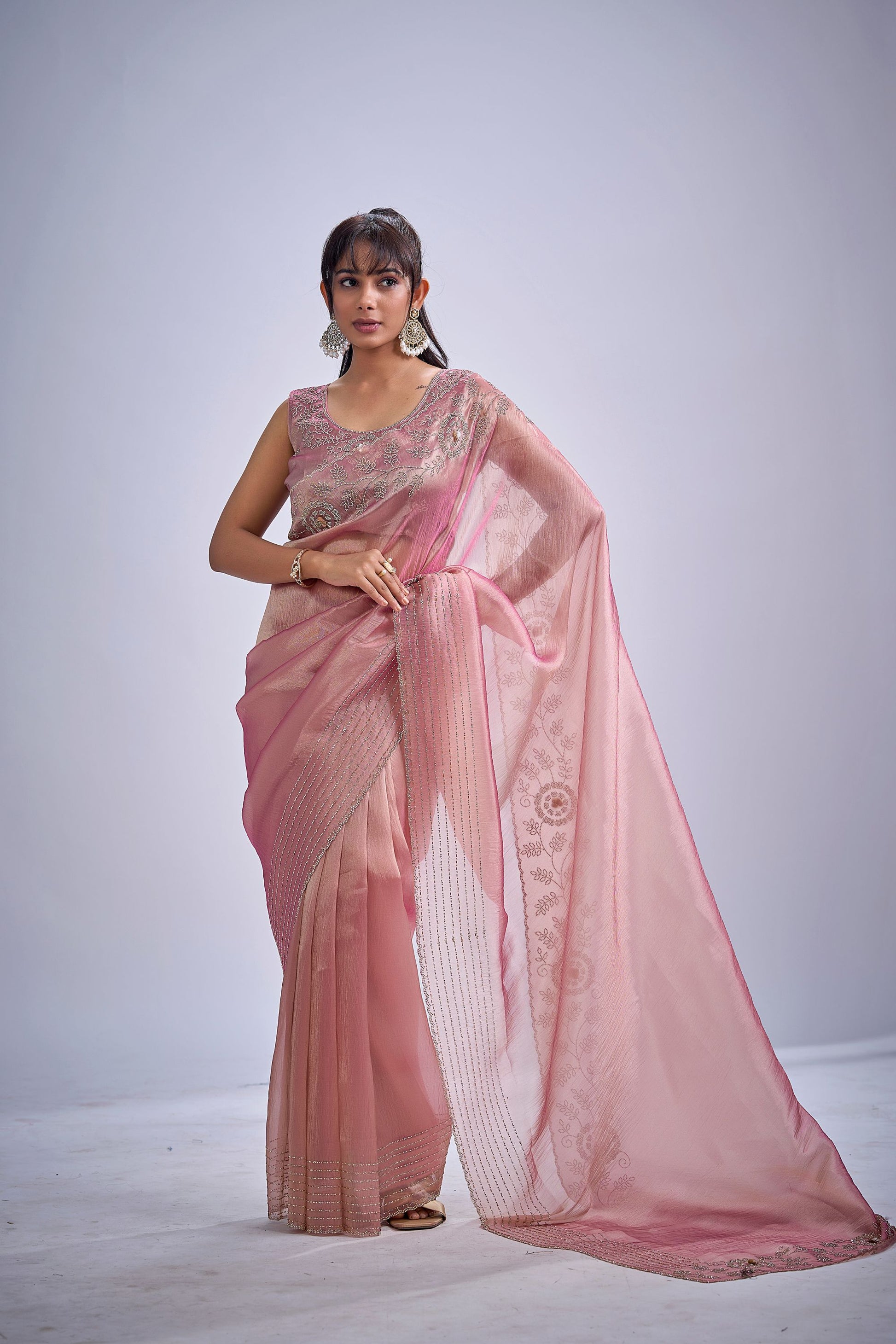 Graceful Baby Pink Kanjivaram Pure Silk Saree Embroidered Border Blouse Piece