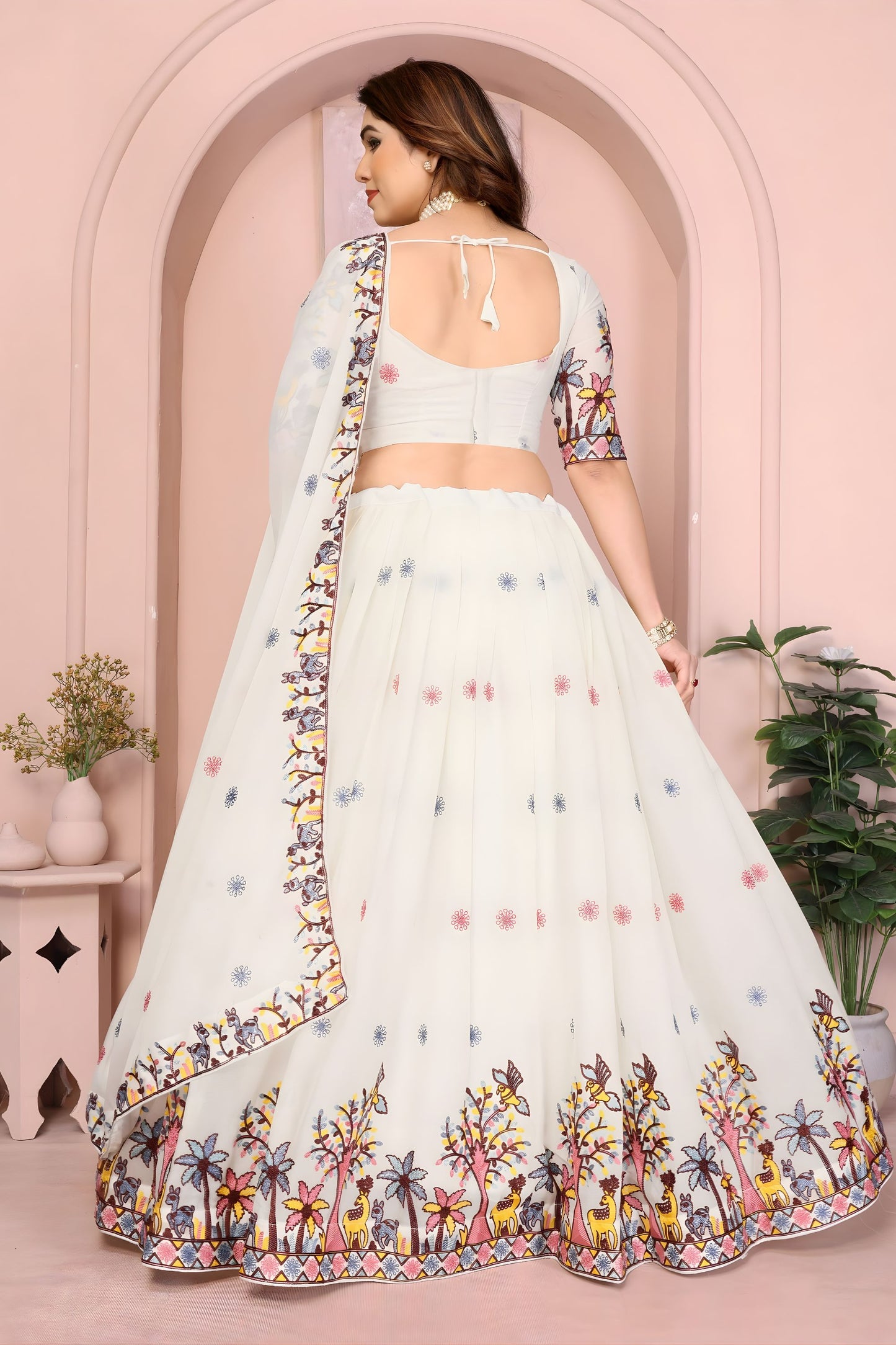 Elegant Off White Star Georgette Embroidered Printed Lehenga Choli Dupatta for Wedding