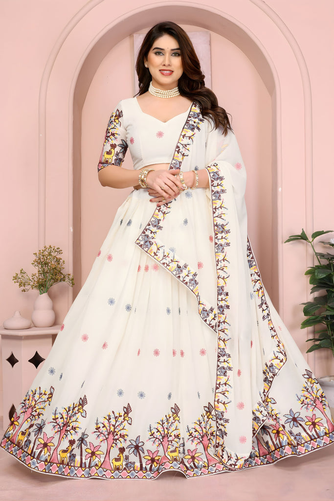 Elegant Off White Star Georgette Embroidered Printed Lehenga Choli Dupatta for Wedding