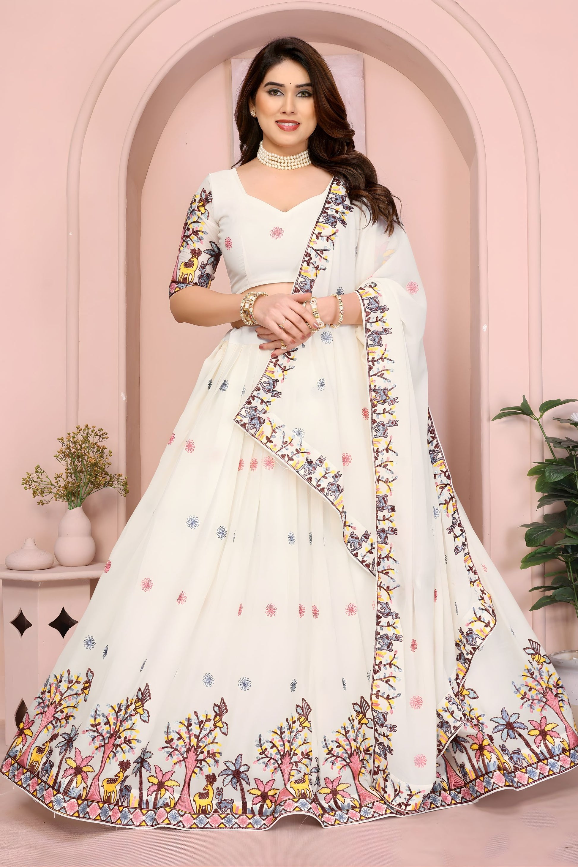 Elegant Off White Star Georgette Embroidered Printed Lehenga Choli Dupatta for Wedding
