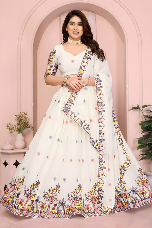 Elegant Off White Star Georgette Embroidered Printed Lehenga Choli Dupatta for Wedding
