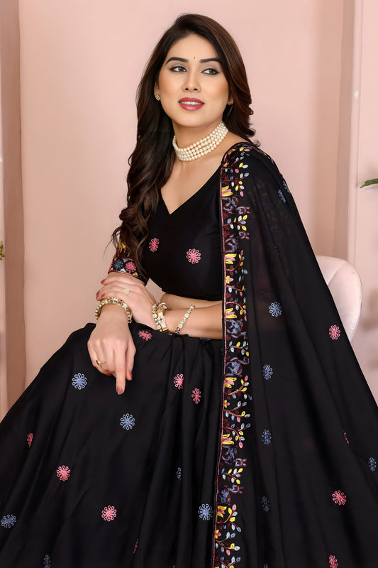 Stylish Black Star Georgette Embroidered Printed Lehenga Choli Dupatta for Wedding