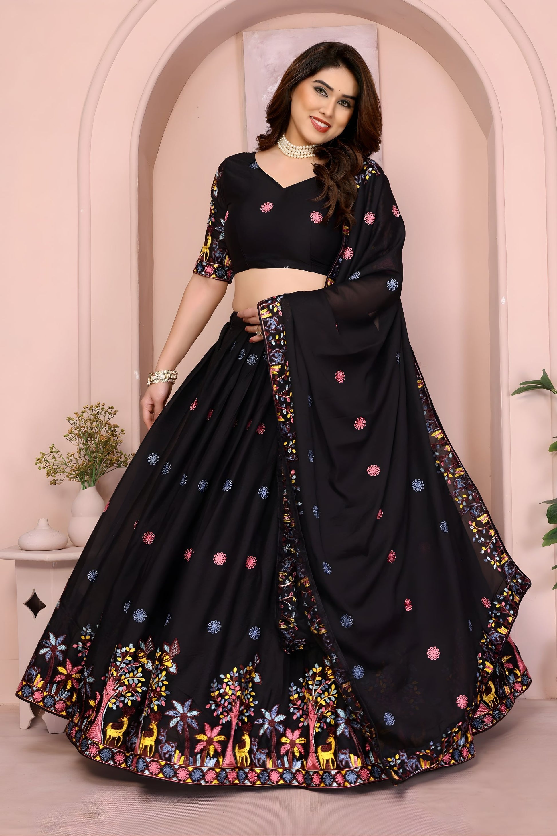 Stylish Black Star Georgette Embroidered Printed Lehenga Choli Dupatta for Wedding