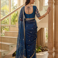 Royal Navy Blue Art Silk Saree Embroidered Border Designer Blouse