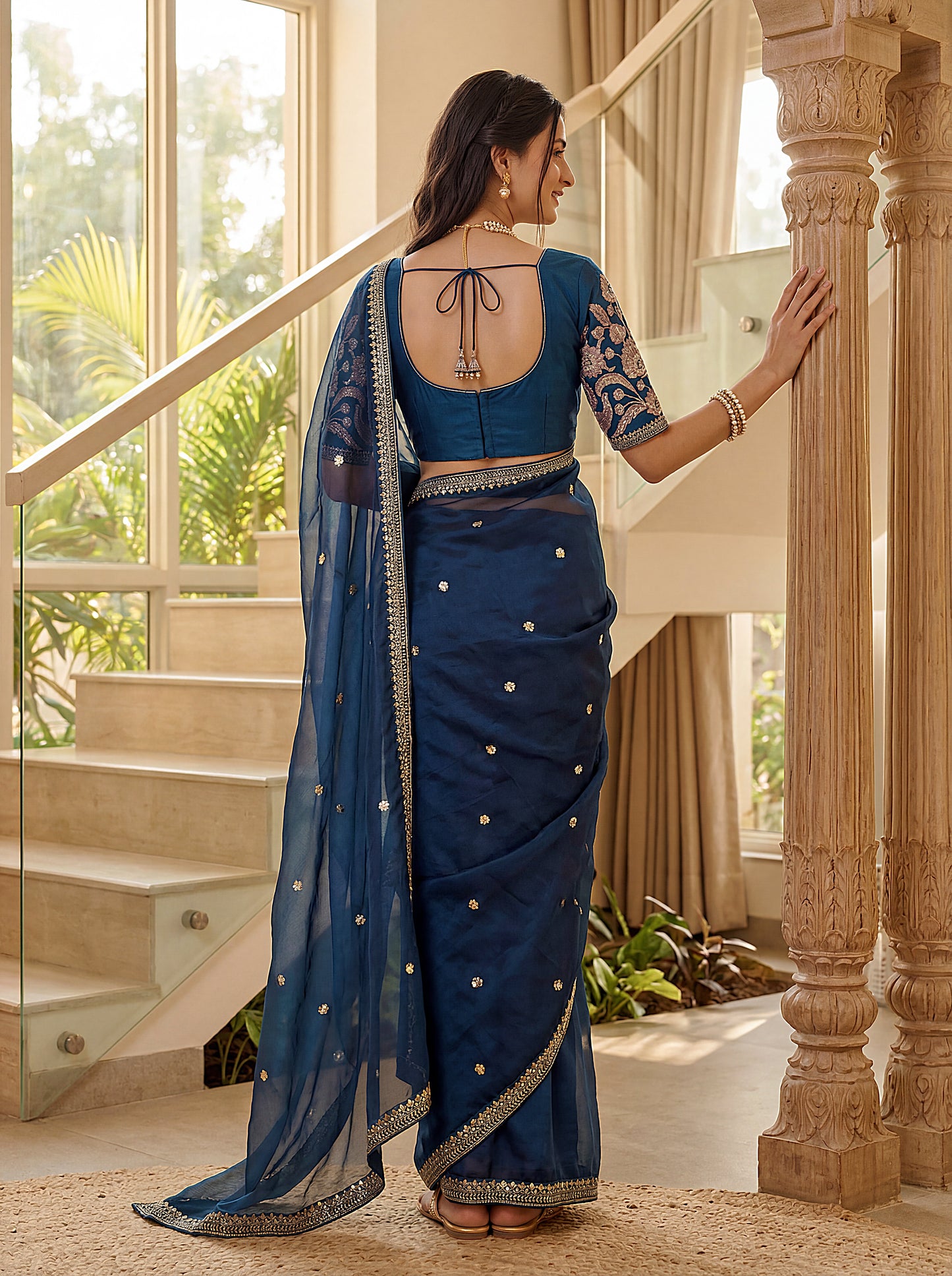 Royal Navy Blue Art Silk Saree Embroidered Border Designer Blouse