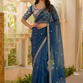Royal Navy Blue Art Silk Saree Embroidered Border Designer Blouse
