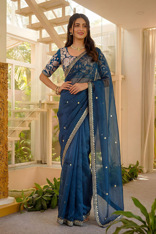 Royal Navy Blue Art Silk Saree Embroidered Border Designer Blouse