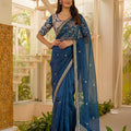 Royal Navy Blue Art Silk Saree Embroidered Border Designer Blouse
