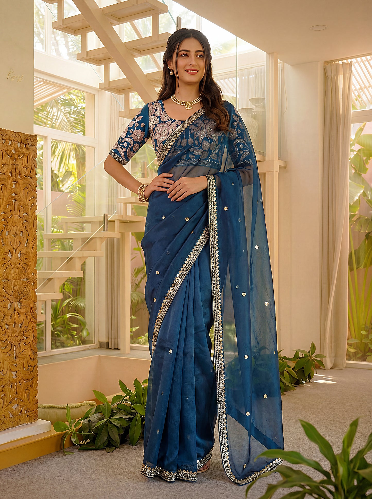 Royal Navy Blue Art Silk Saree Embroidered Border Designer Blouse