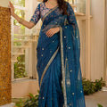 Royal Navy Blue Art Silk Saree Embroidered Border Designer Blouse