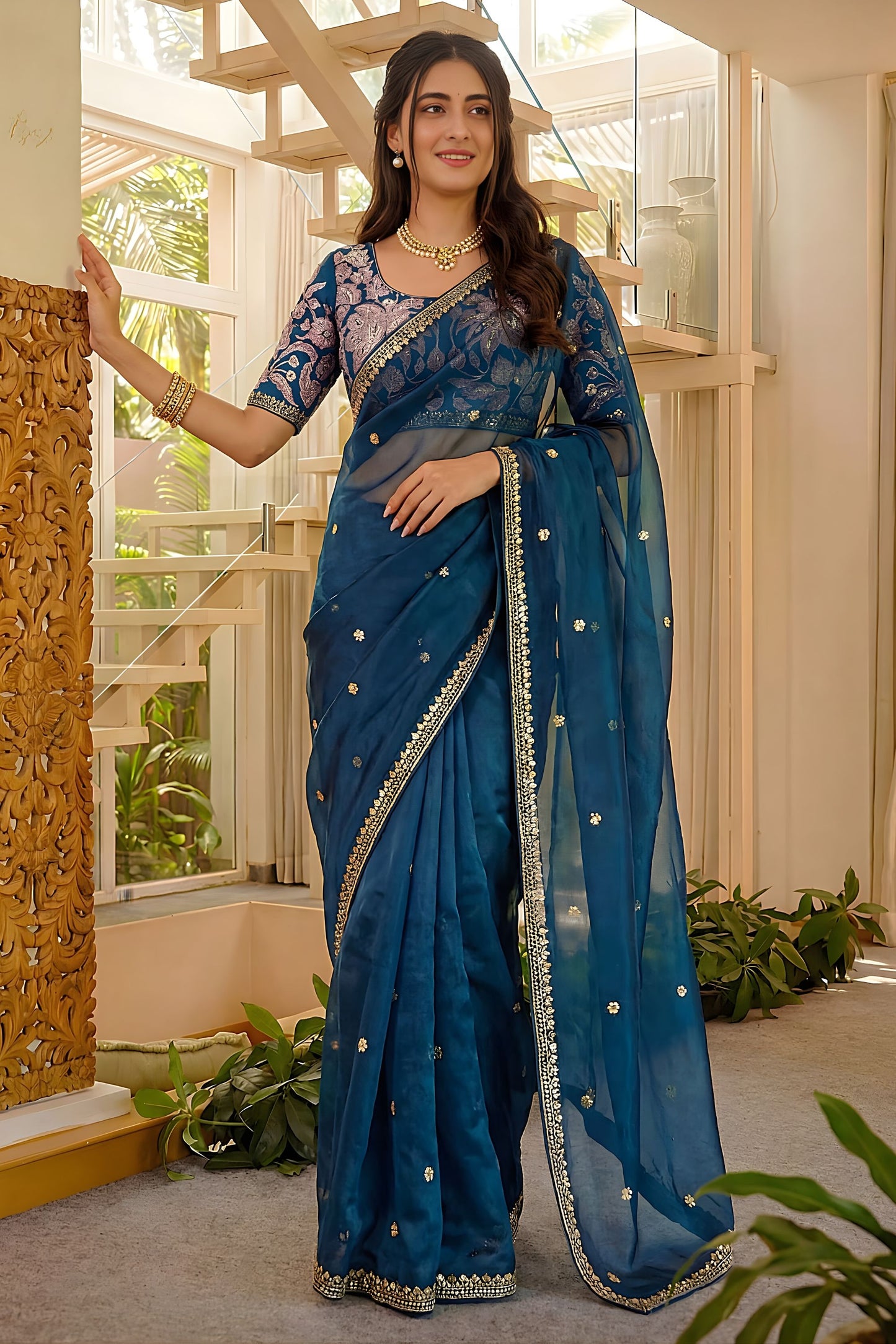 Royal Navy Blue Art Silk Saree Embroidered Border Designer Blouse