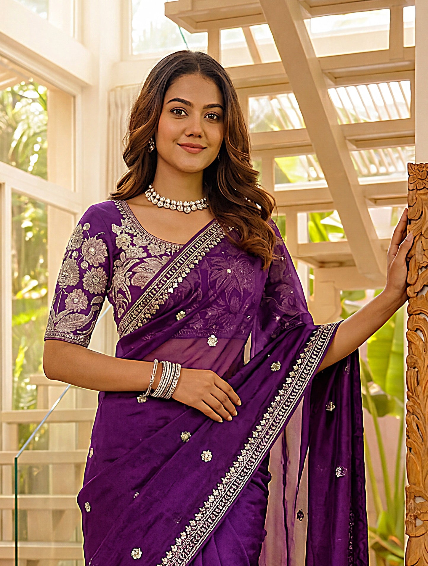 Premium Purple Art Silk Saree Embroidered Border Designer Blouse