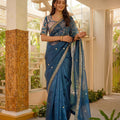 Royal Navy Blue Organza Silk Saree Embroidered Border Designer Blouse 