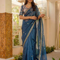Royal Navy Blue Art Silk Saree Embroidered Border Designer Blouse