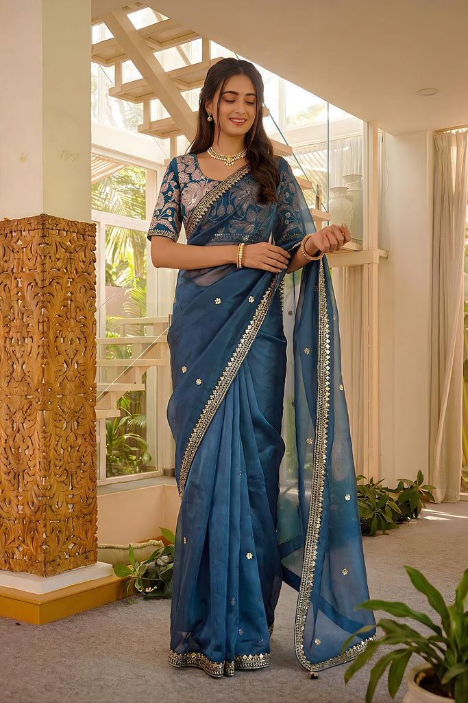 Royal Navy Blue Art Silk Saree Embroidered Border Designer Blouse