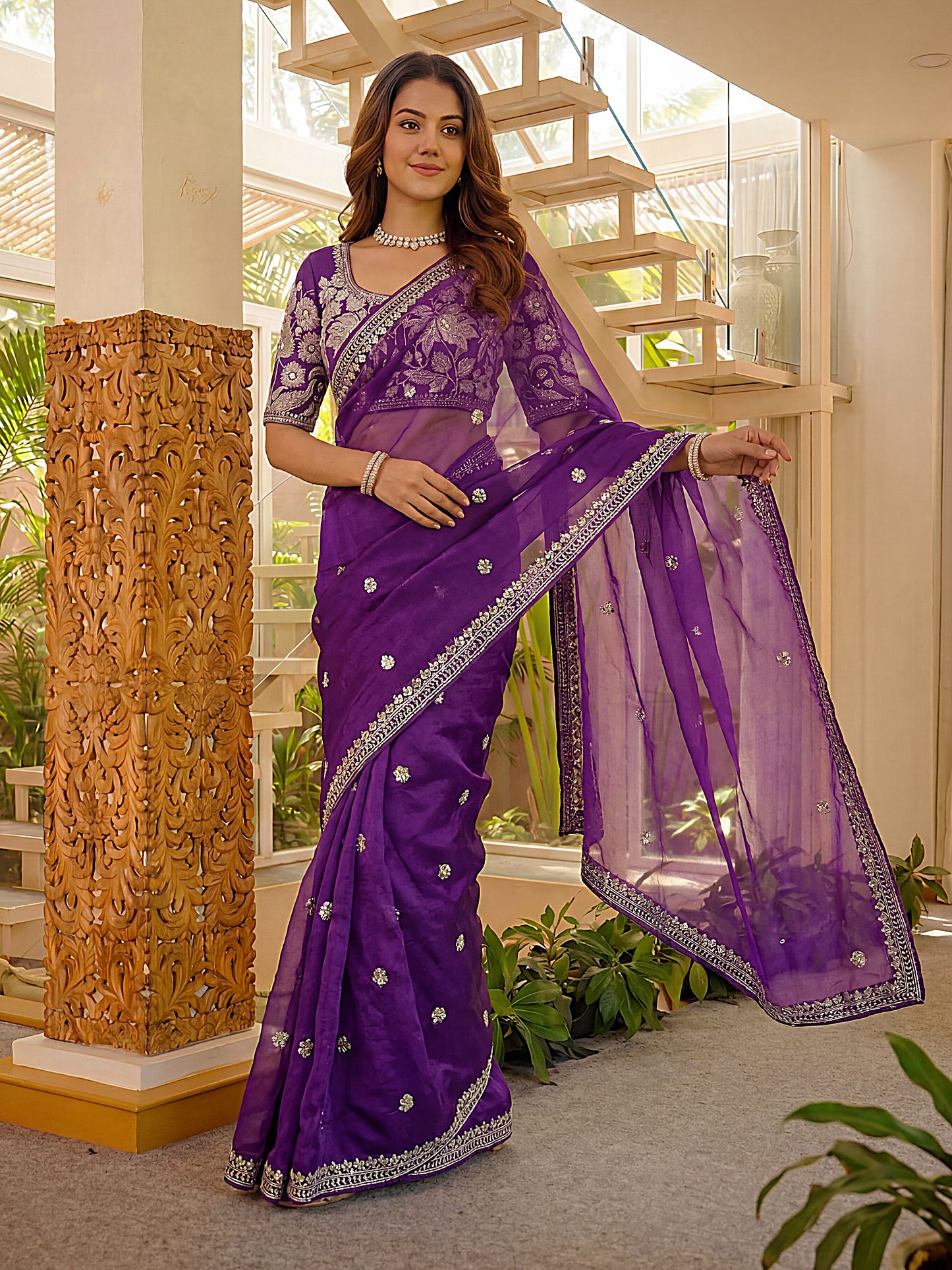 Premium Purple Art Silk Saree Embroidered Border Designer Blouse