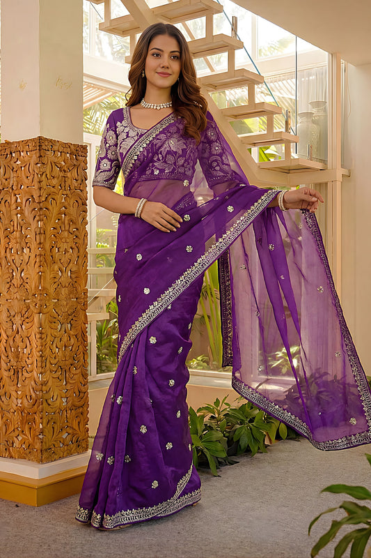 Premium Purple Art Silk Saree Embroidered Border Designer Blouse