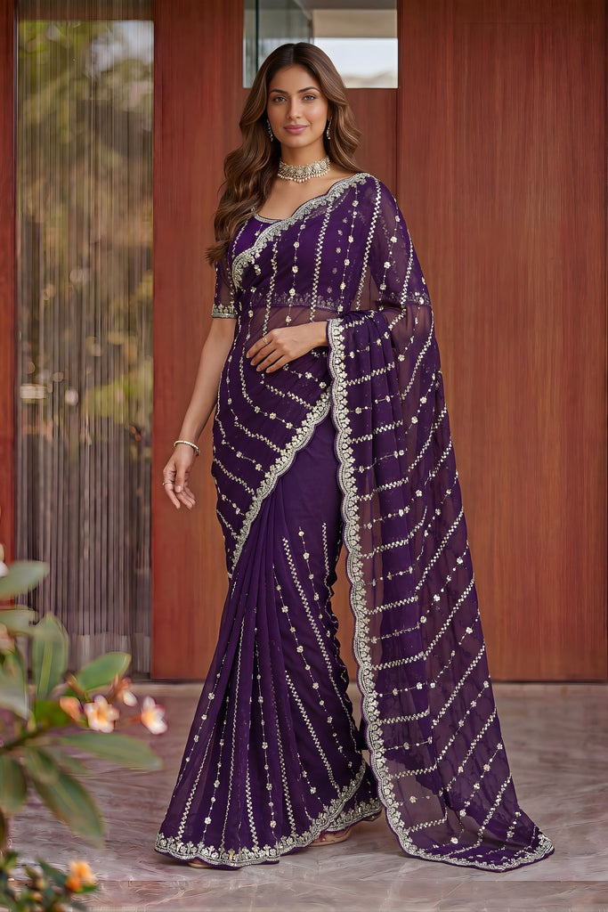 Stylish Deep Purple Art Silk Saree Heavy Embroidery Work Designer Blouse