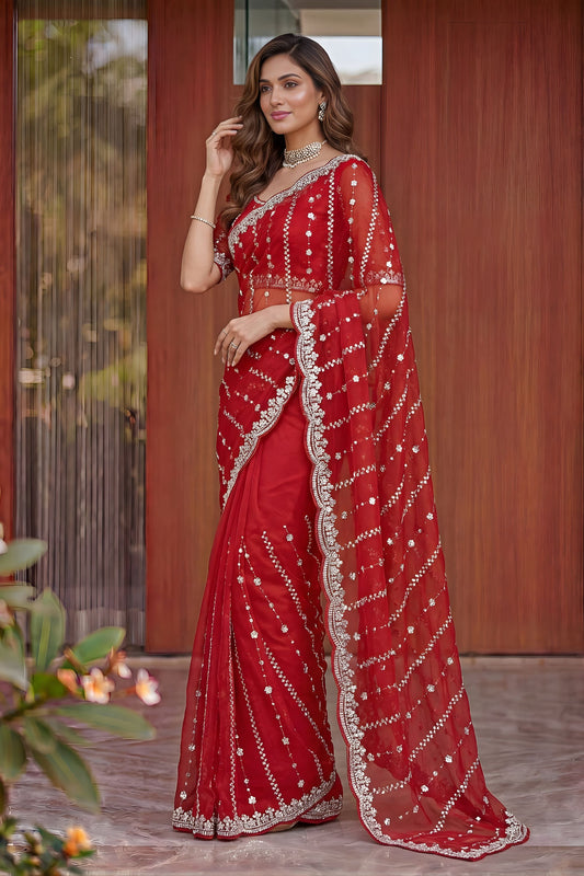 Vibrant Red Art Silk Saree with Heavy Embroidery Work and Designer Blouse