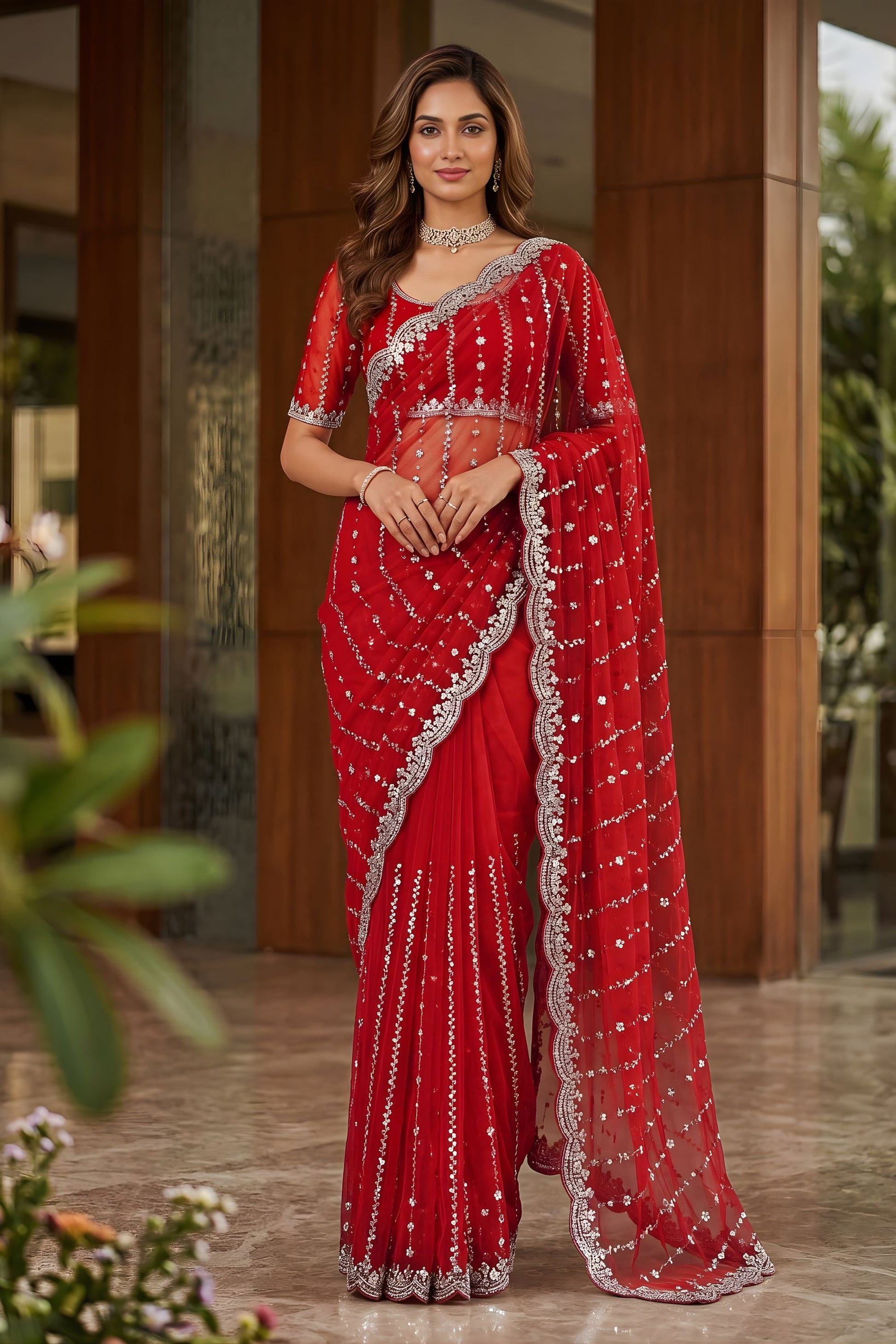 Vibrant Red Art Silk Saree with Heavy Embroidery Work and Designer Blouse