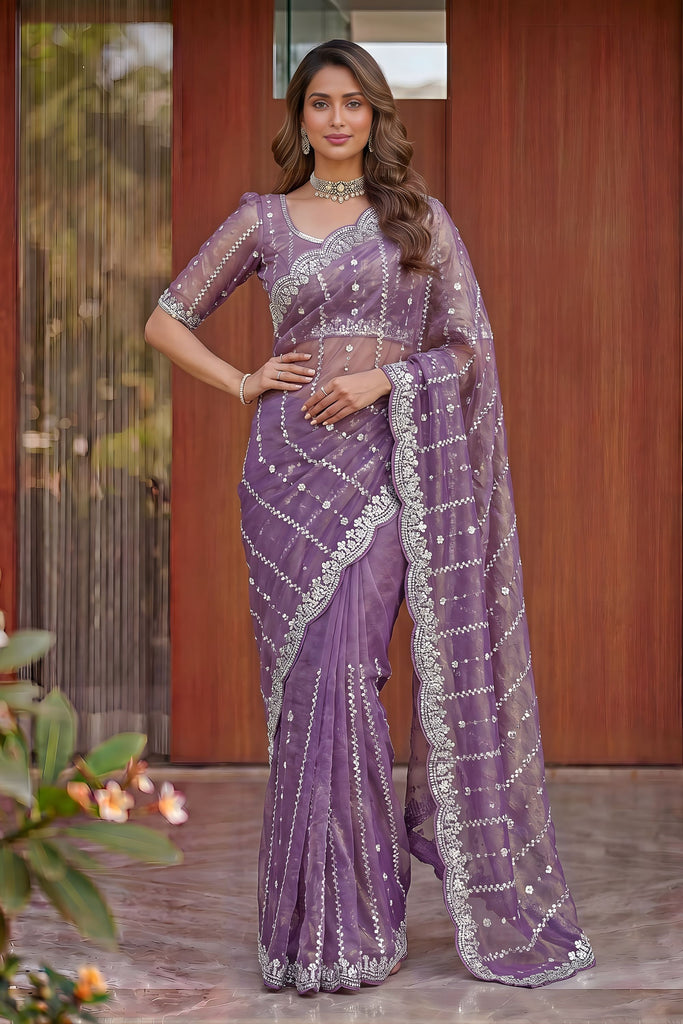 Royal Lavender Purple Art Silk Saree Heavy Embroidery Work Designer Blouse