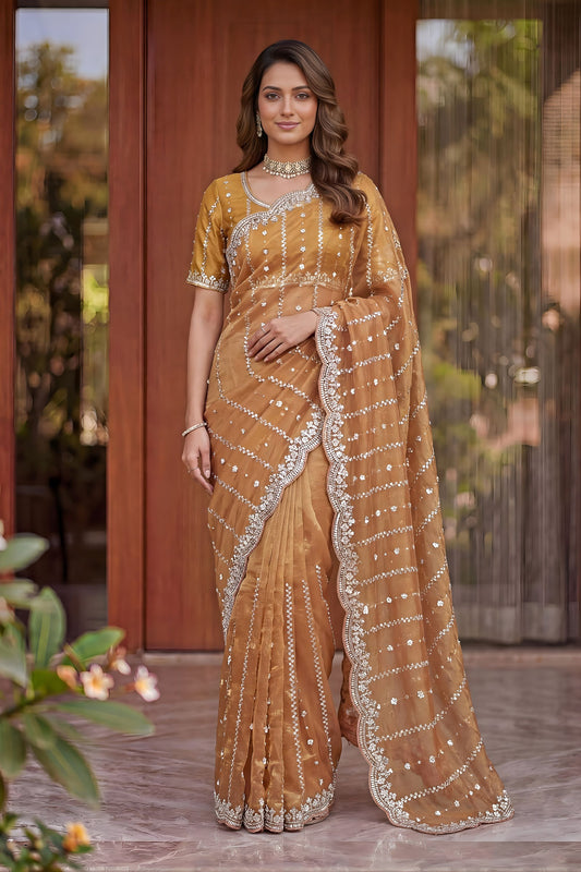 Premium Peach Art Silk Saree with Heavy Embroidery Work and Designer Blouse