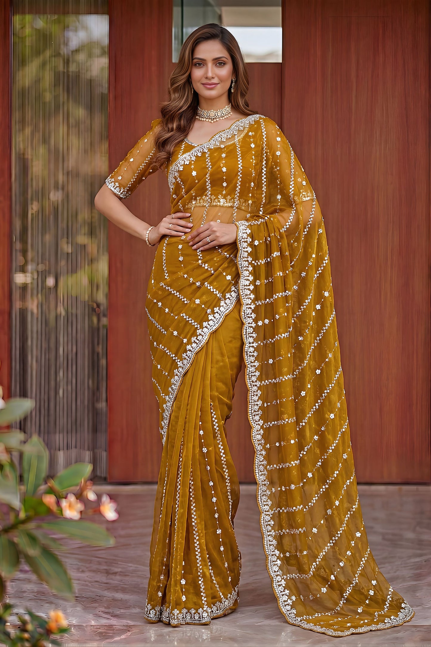 Premium Mustard Yellow Art Silk Saree with Heavy Embroidery Work and Designer Blouse