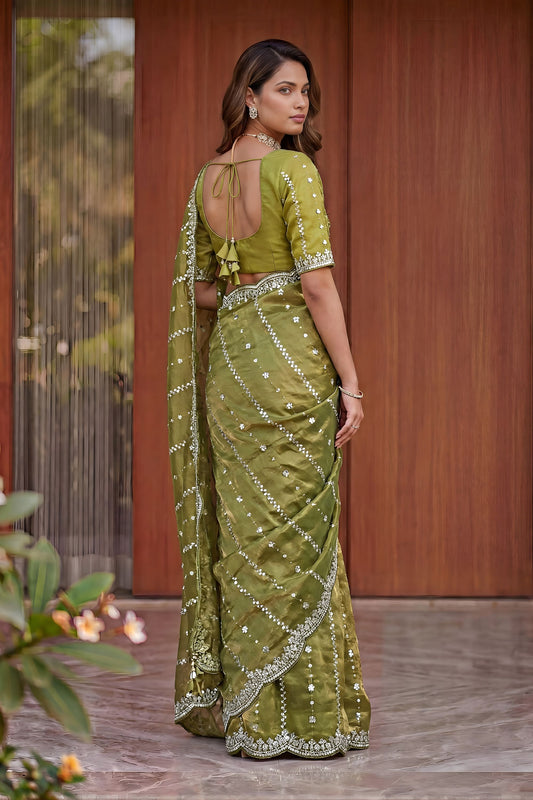 Beautifull Olive Green Art Silk Saree Heavy Embroidery Work and Designer Blouse