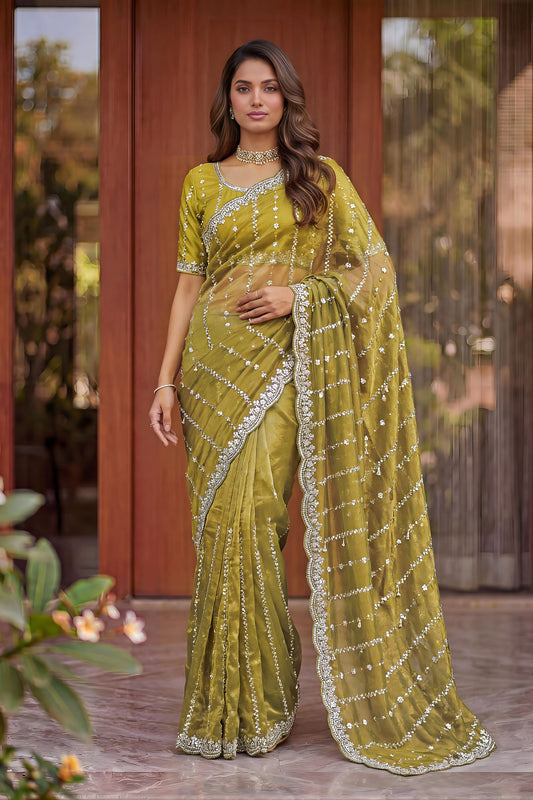 Beautifull Olive Green Art Silk Saree Heavy Embroidery Work and Designer Blouse 