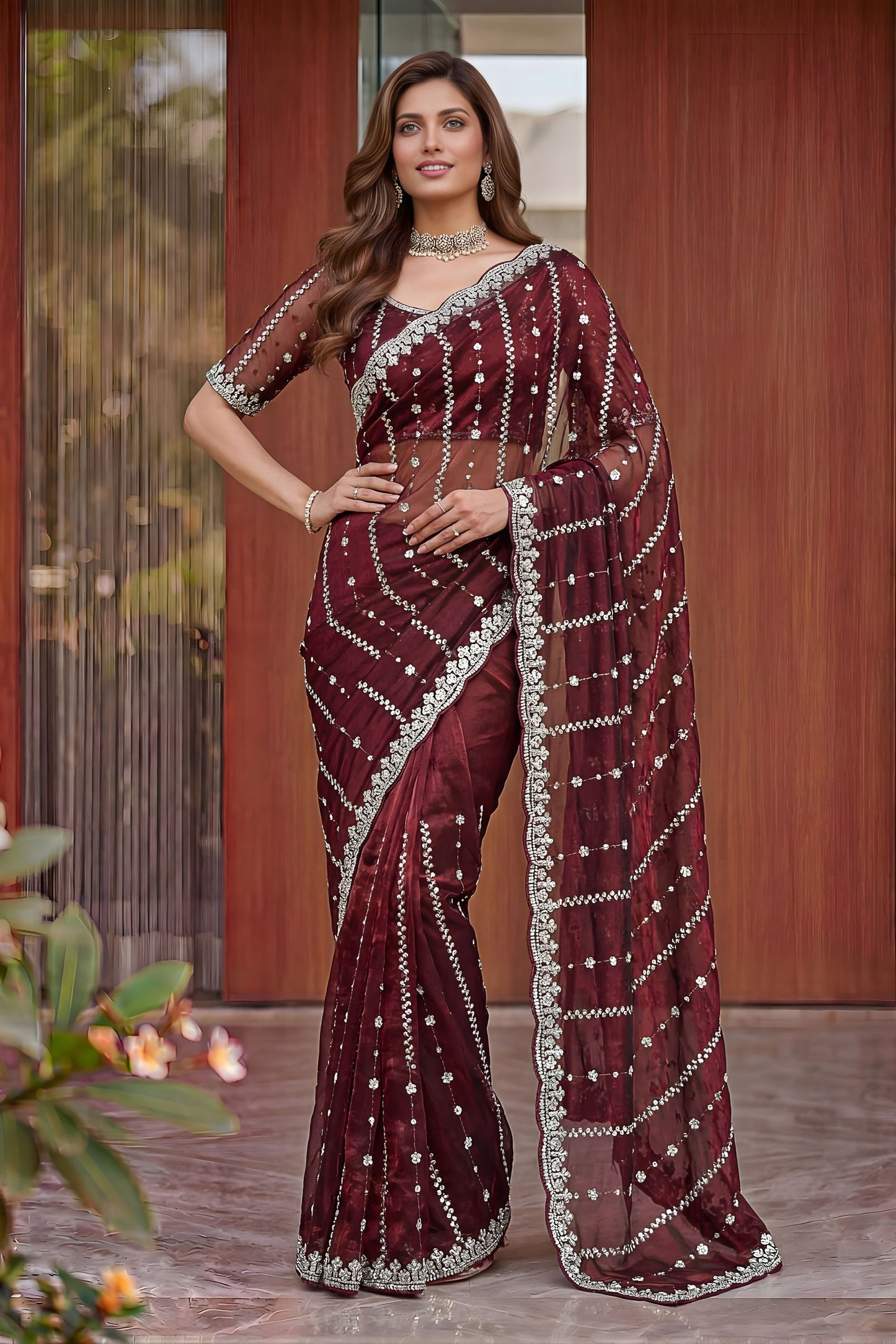 Premium Wine Purple Art Silk Saree Heavy Sequin Embroidery Work Designer Blouse