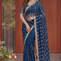 Royal Navy Blue Art Silk Saree Heavy Sequin Embroidery Work Designer Blouse
