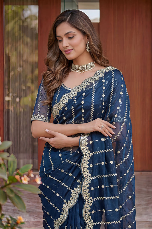 Royal Navy Blue Art Silk Saree Heavy Sequin Embroidery Work Designer Blouse